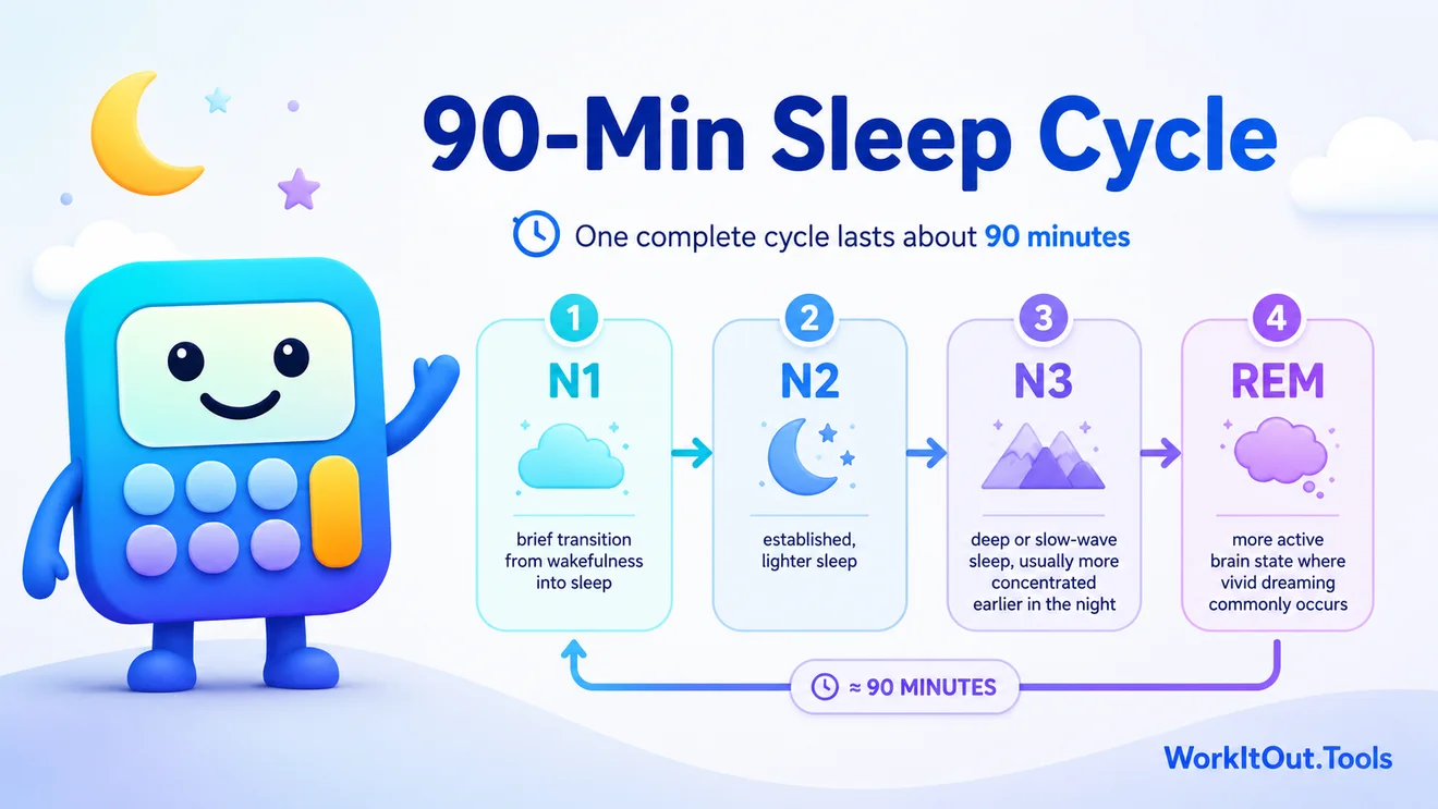 90-minute sleep cycle guide graphic showing N1, N2, N3, and REM stages with a WorkItOut.Tools calculator mascot