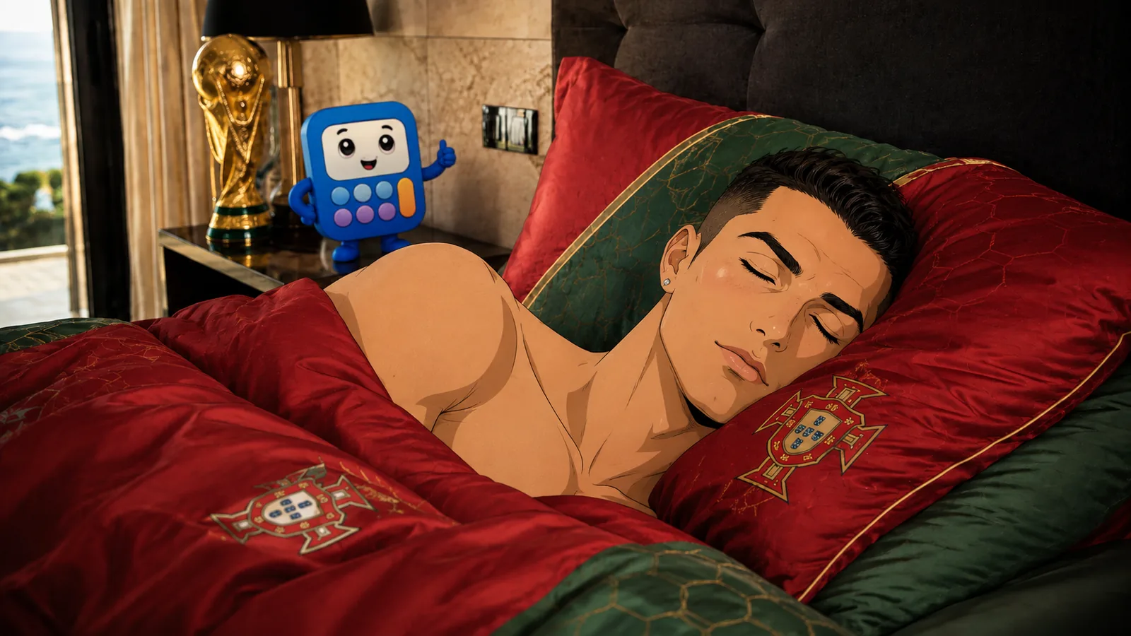 Ronaldo sleep cycle method illustration with a WorkItOut.Tools calculator mascot beside the bed
