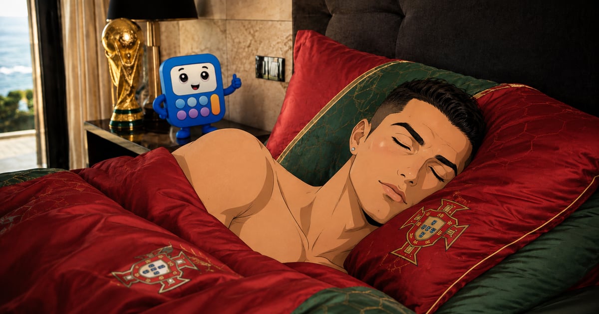 Ronaldo sleep cycle method article image with a WorkItOut.Tools calculator mascot beside the bed