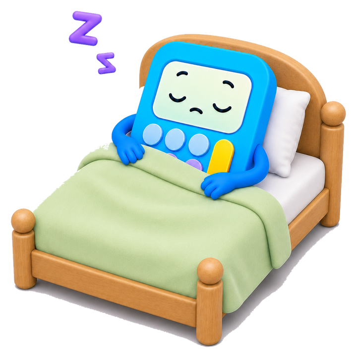 Sleep calculator category illustration showing the WorkItOut.Tools calculator mascot asleep in bed