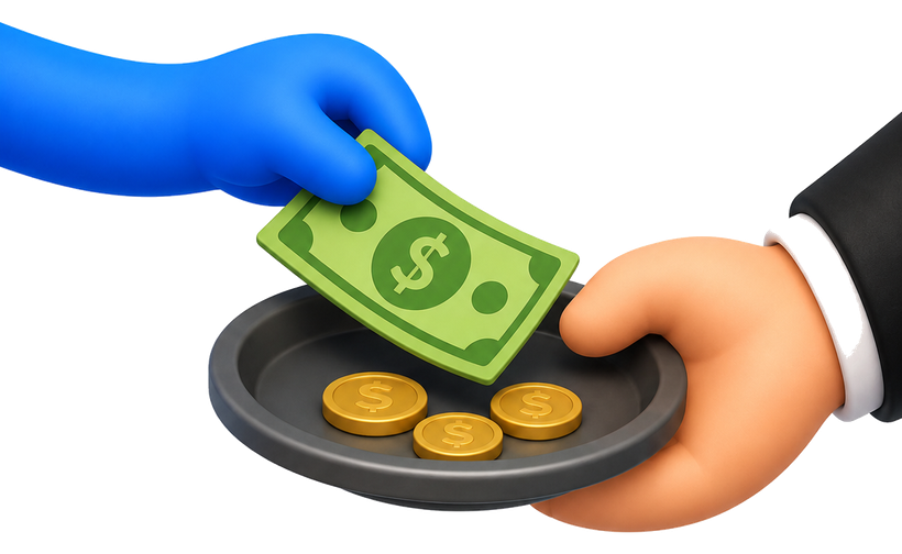 Tip calculator category illustration showing money being added to a tipping tray