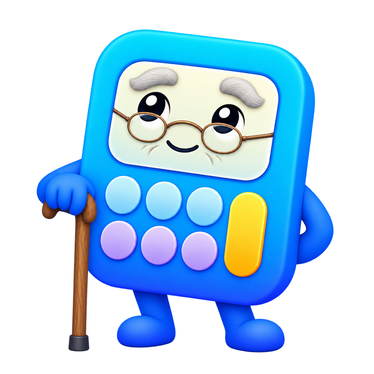 Smiling calculator character with glasses and a walking stick