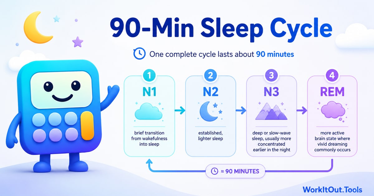 90-minute sleep cycle guide graphic showing N1, N2, N3, and REM stages with a WorkItOut.Tools calculator mascot